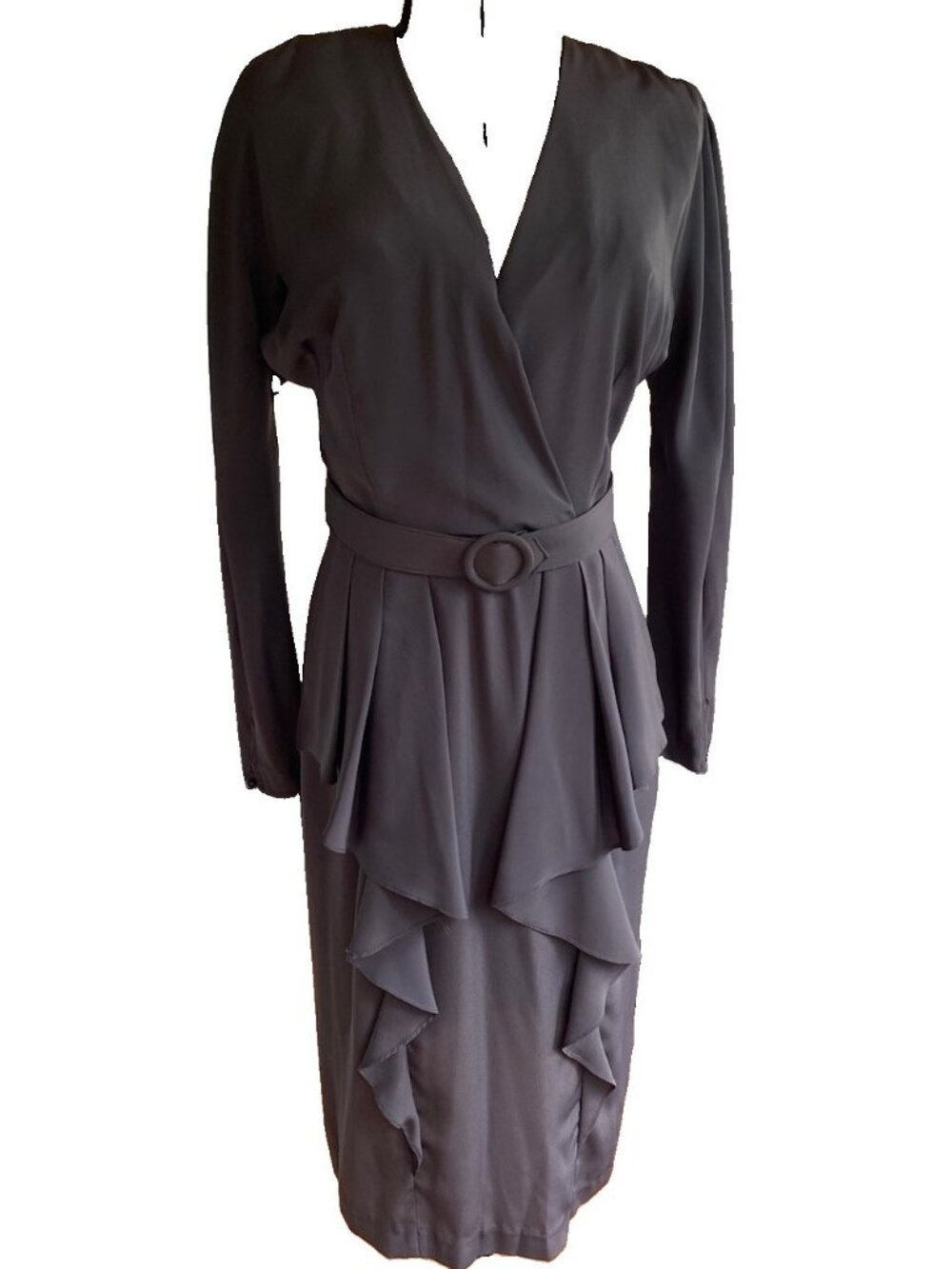 Vintage A La Carte California Dress Grey Cascading Ruffle Belted V-neck